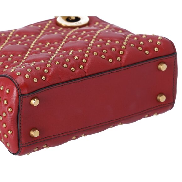 Christian Dior Lady Dior Mini Bag Handbag Red Gold Leather Studded - Picture 8 of 10